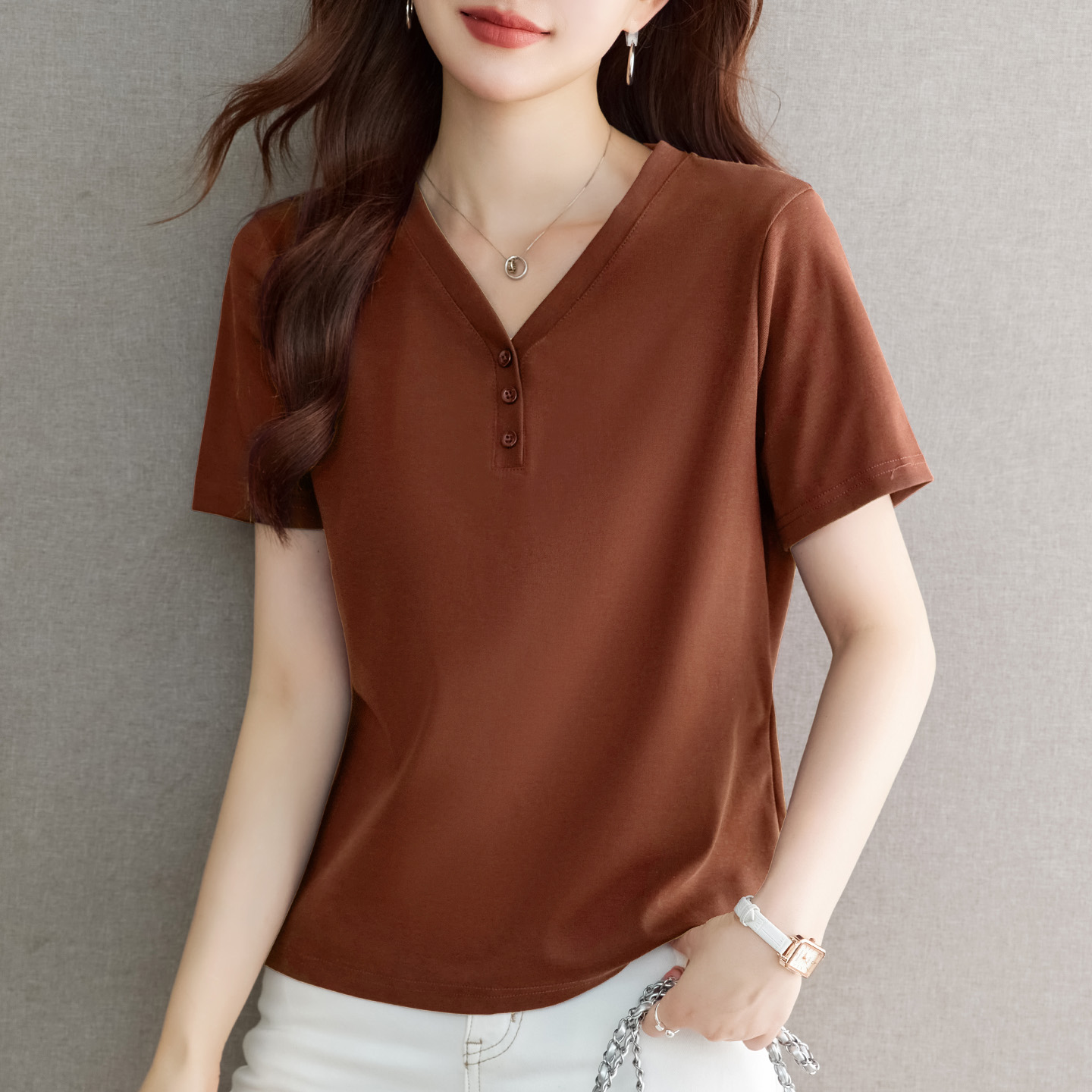 纯色v领短袖t恤女2025年新款夏季爆款遮肚子显瘦上衣洋气半袖体恤