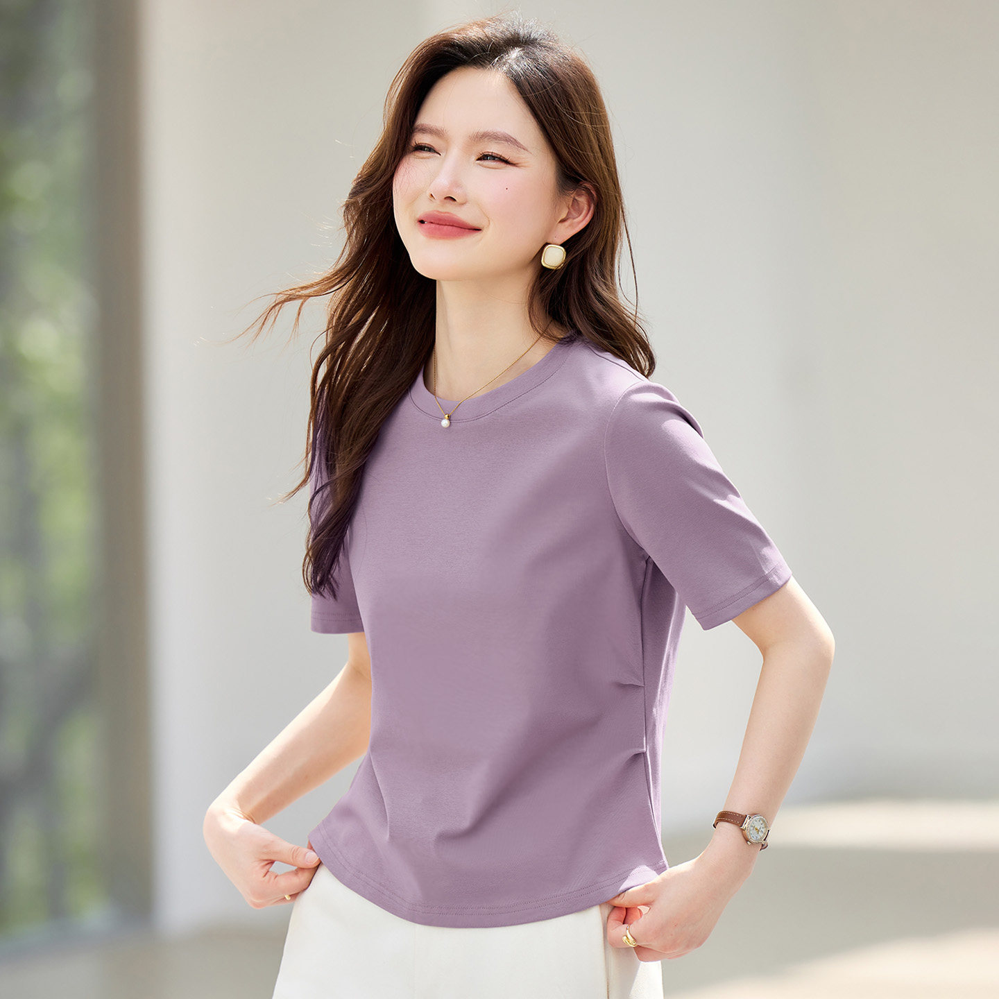 圆领正肩短袖t恤女2026新款夏季爆款修身女装紫色上衣半袖体恤衫