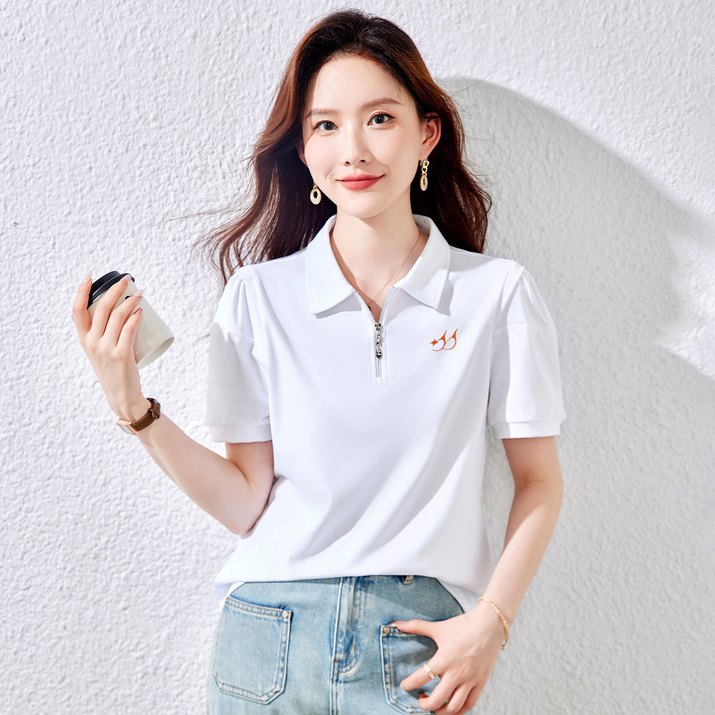 翻领白色短袖T恤女2026新款夏季洋气修身设计感正肩上衣polo衬衫