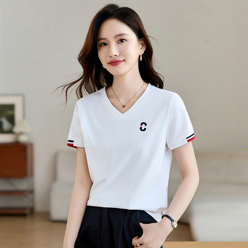 白色v领短袖t恤女2026新款夏季爆款女装修身正肩上衣洋气半袖体恤