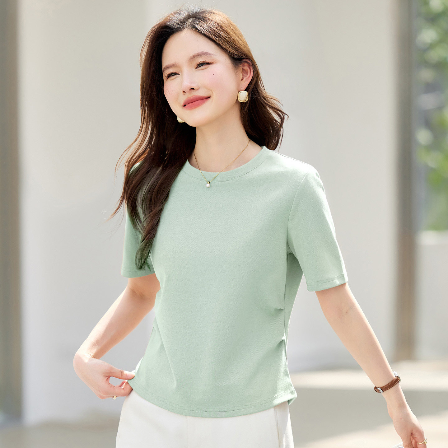 纯色正肩短袖t恤女2026新款夏季爆款女装修身上衣高端半袖体恤衫