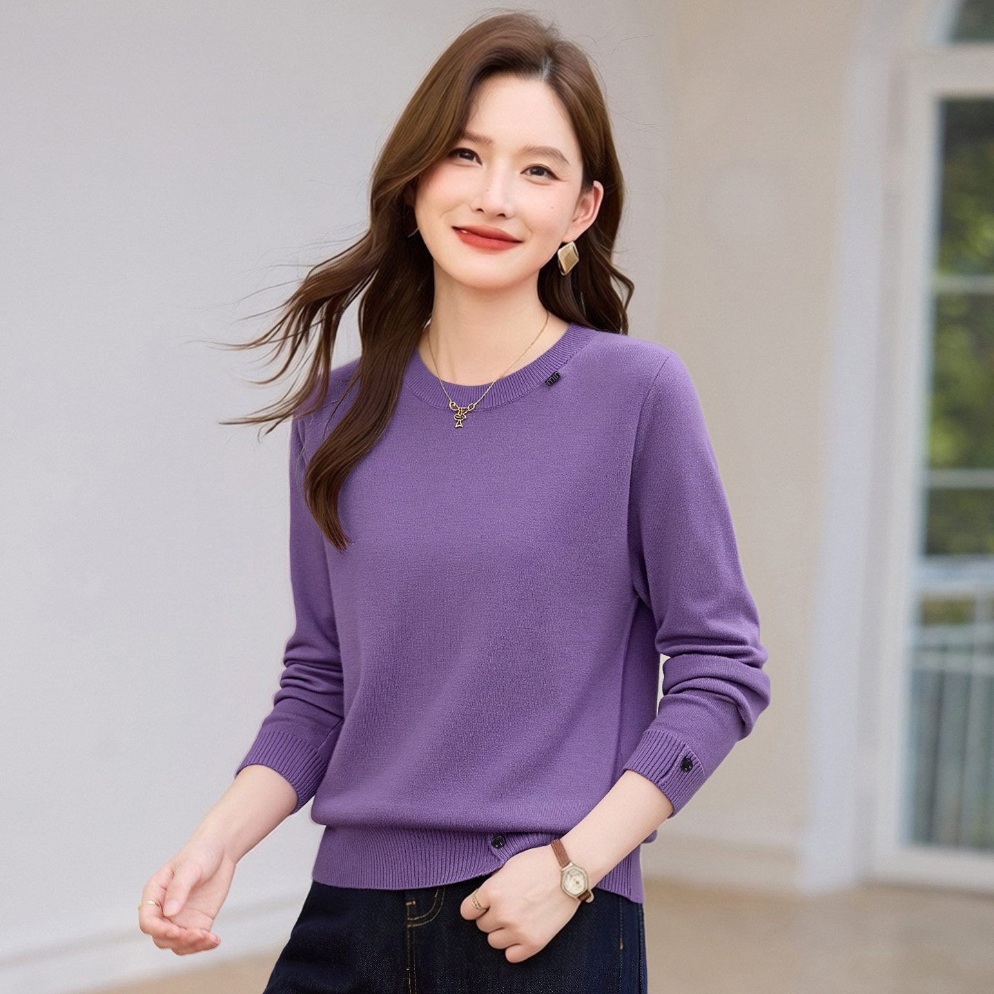 圆领毛衣女针织衫2026新款春季女装洋气紫色上衣早春薄打底可外穿