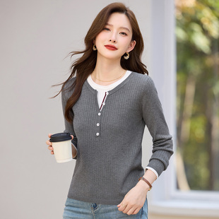 灰色假两件针织衫女2025新款秋冬修身显瘦毛衣内搭长袖上衣打底衫