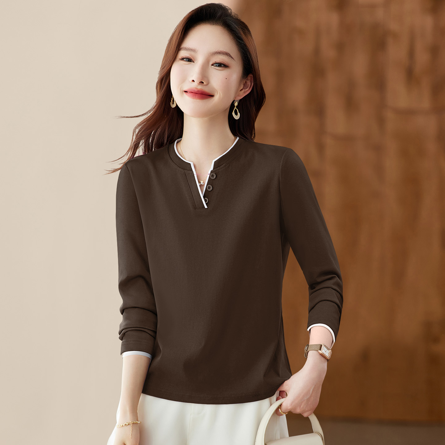 春秋爆款v领长袖t恤女上衣打底衫