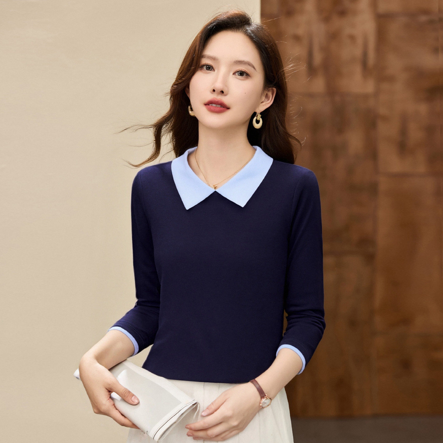 翻领正肩长袖t恤女内搭打底衫薄款2026新款春季假两件上衣polo衫