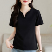 正肩简约上衣半袖 黑色v领短袖 体恤 爆款 衣服女装 t恤女2025新款 夏季