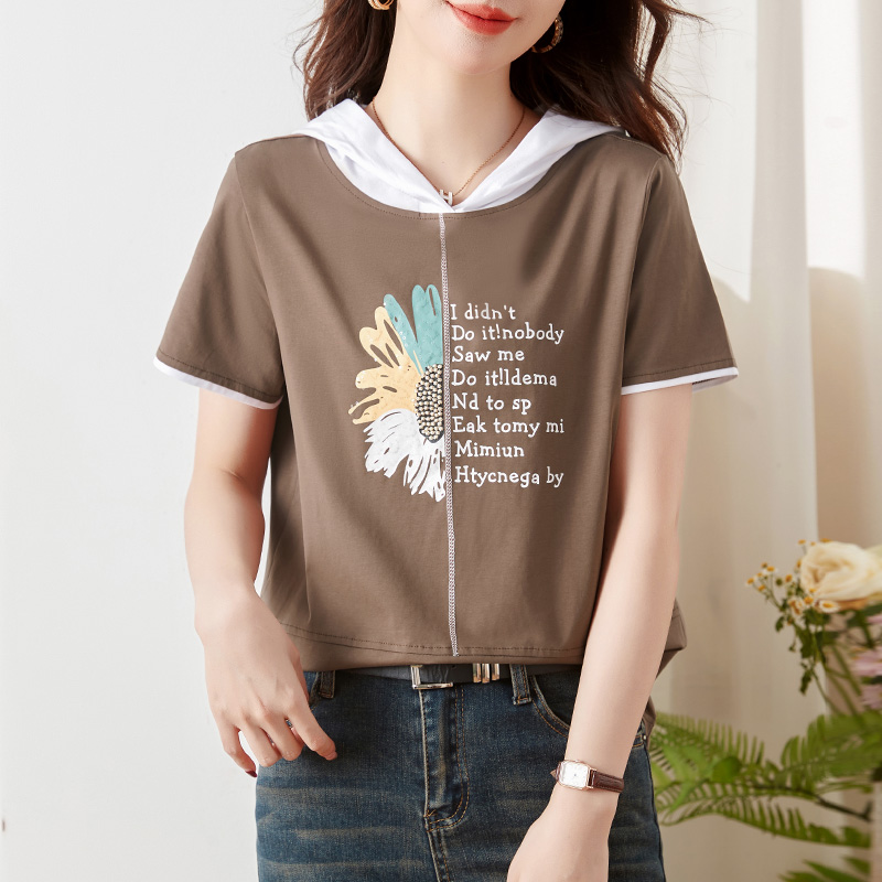 连帽短袖t恤女2025年新款夏季洋气独特别致上衣带帽半袖妈妈体恤
