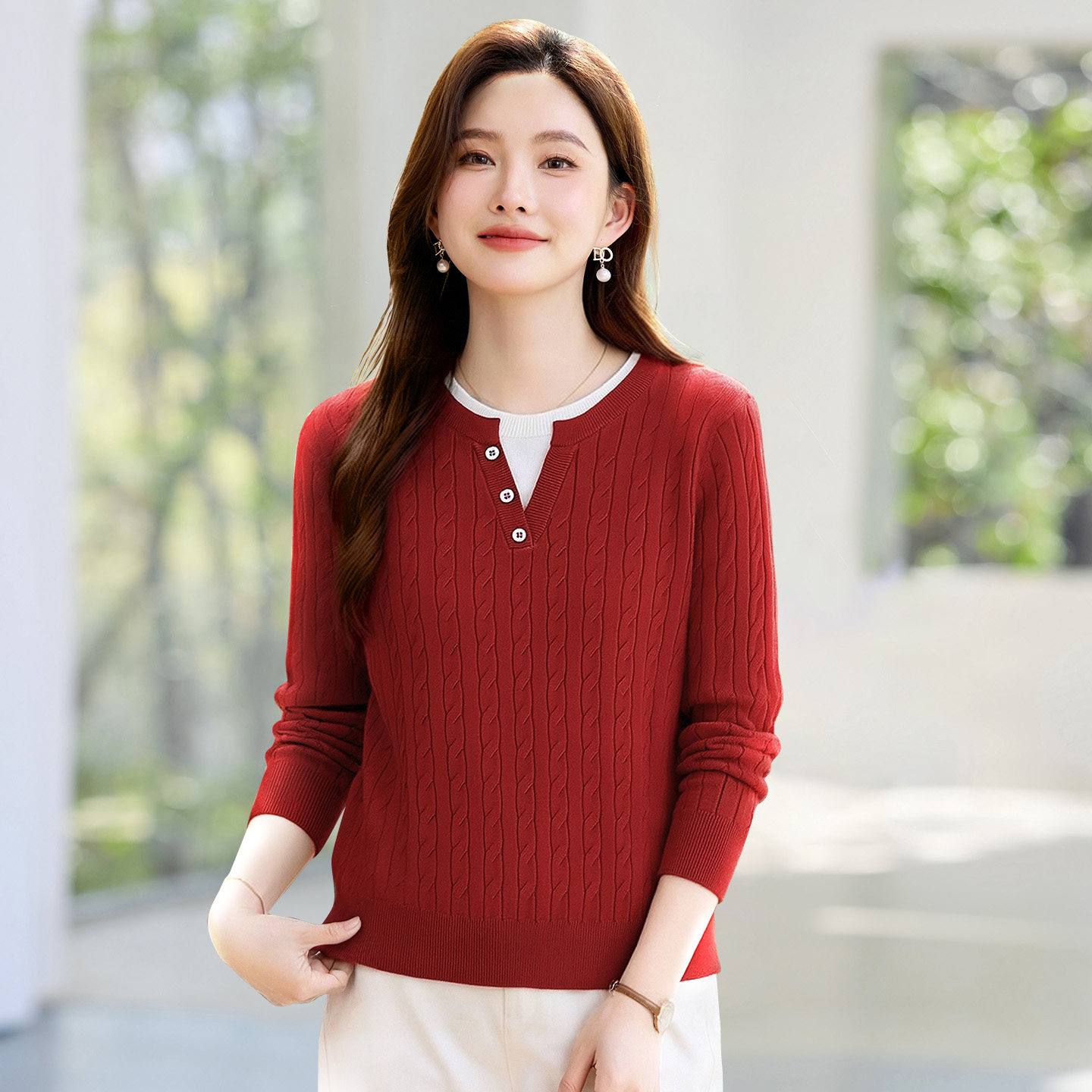 红色毛衣女针织衫2026新款秋冬洋气正肩假两件上衣内搭打底可外穿