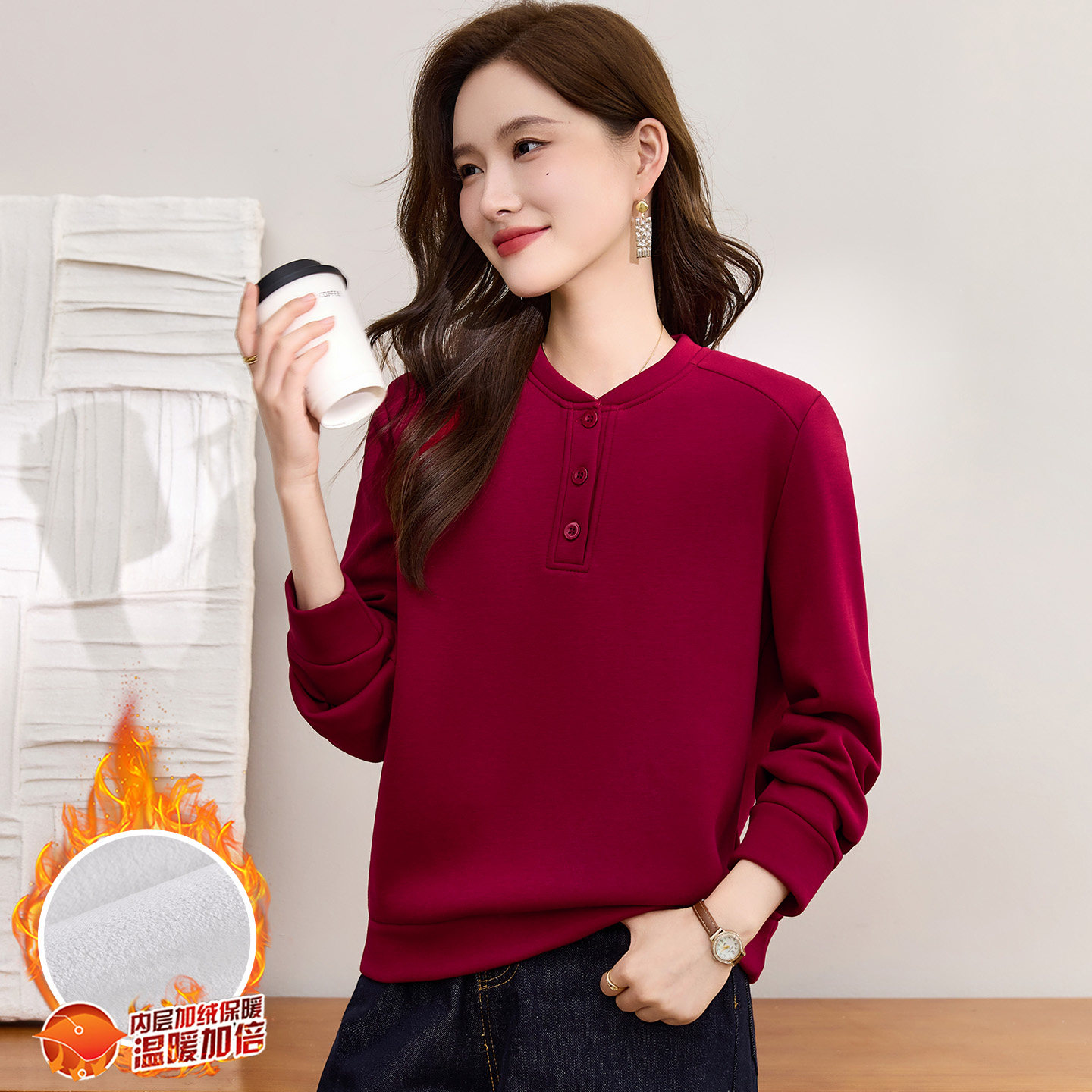 圆领红色卫衣女秋冬加绒加厚2025新款冬季保暖女装宽松显瘦厚外套