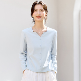正肩v领长袖t恤女春秋内搭可外穿打底衫2026新款洋气修身蓝色上衣