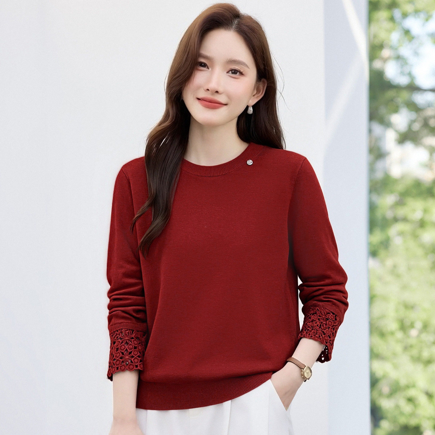 圆领红色毛衣女士针织衫2026新年秋冬女装洋气上衣内搭打底可外穿