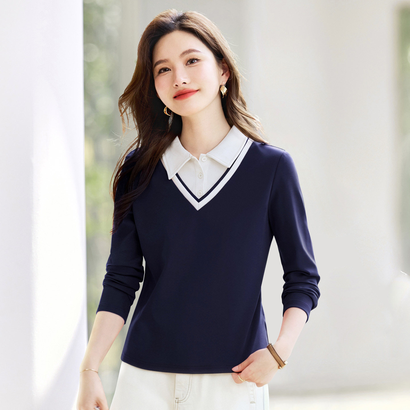 正肩长袖t恤女可外穿洋气打底衫2026新款春秋爆款高端女装薄上衣