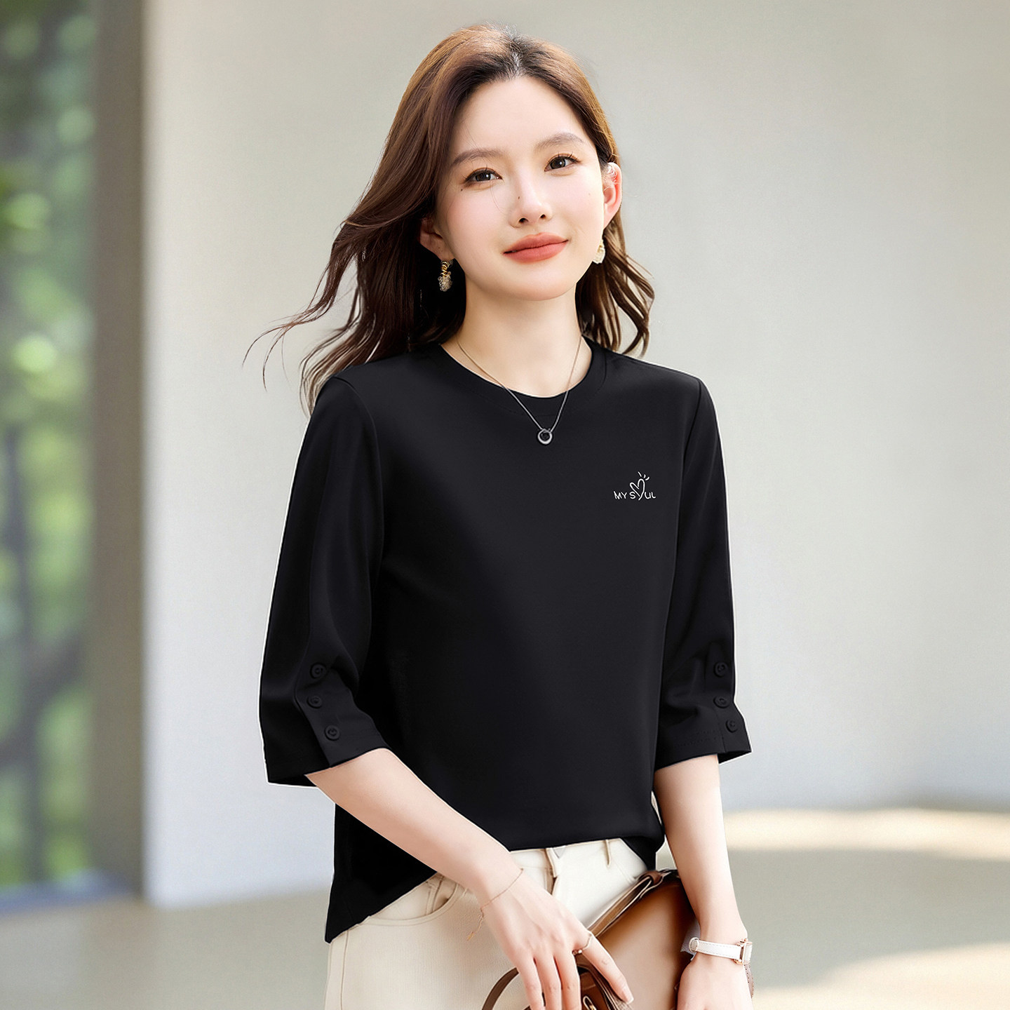 七分袖女士t恤2026新款夏季高端女装宽松洋气黑色上衣半袖体恤衫
