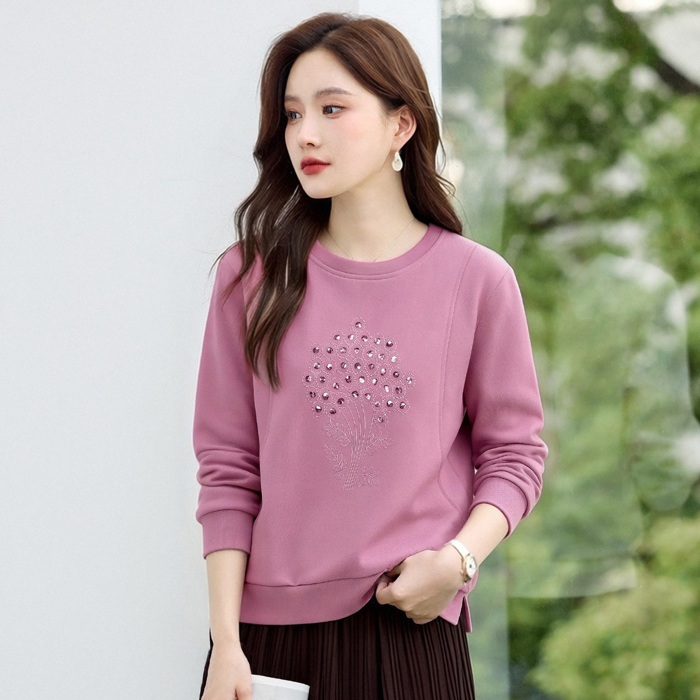 圆领正肩女士卫衣2026新款春秋高端女装爆款宽松无帽套头上衣薄款