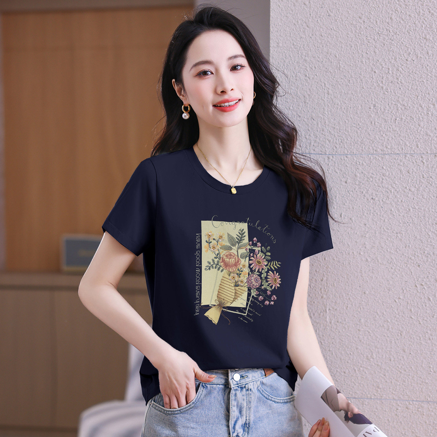 黑色短袖T恤女2026新款薄款夏装宽松洋气休闲正肩半袖体恤上衣服