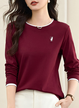 红色长袖t恤女春秋款2025年新款秋季爆款正肩上衣圆领内搭打底衫