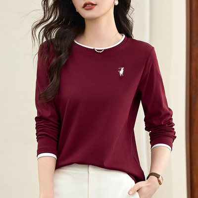 红色春秋款长袖t恤女打底衫