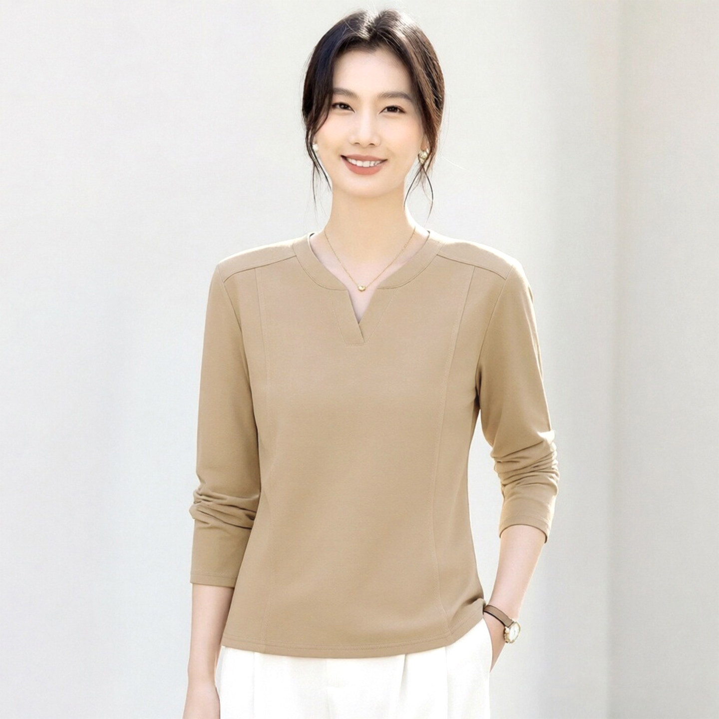 正肩长袖t恤女春秋内搭打底衫2026新款爆款洋气女装修身显瘦上衣