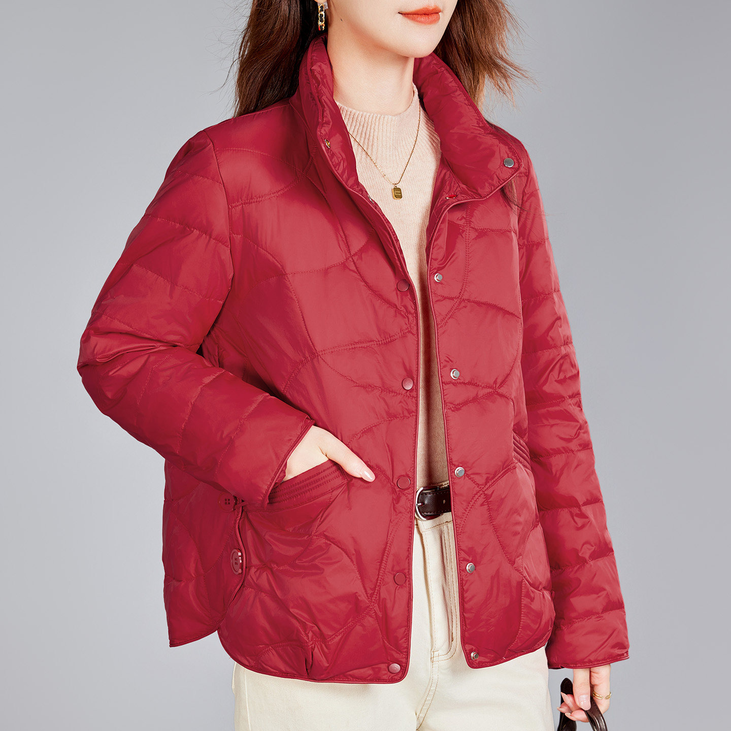 立领轻薄内胆羽绒棉服女2025新款冬季洋气小个子妈妈短款红色外套