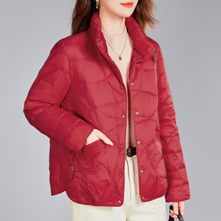 立领轻薄内胆羽绒棉服女2025新款冬季洋气小个子妈妈短款红色外套