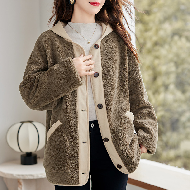 羊羔绒卫衣中长款外套女加绒加厚