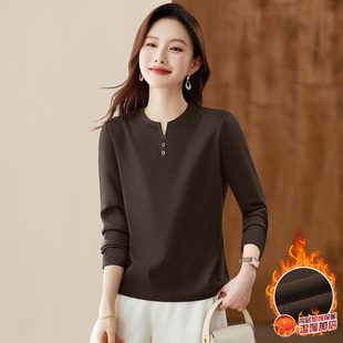 纯色正肩长袖t恤女秋冬加绒2025新款冬季时尚洋气女装内搭打底衫