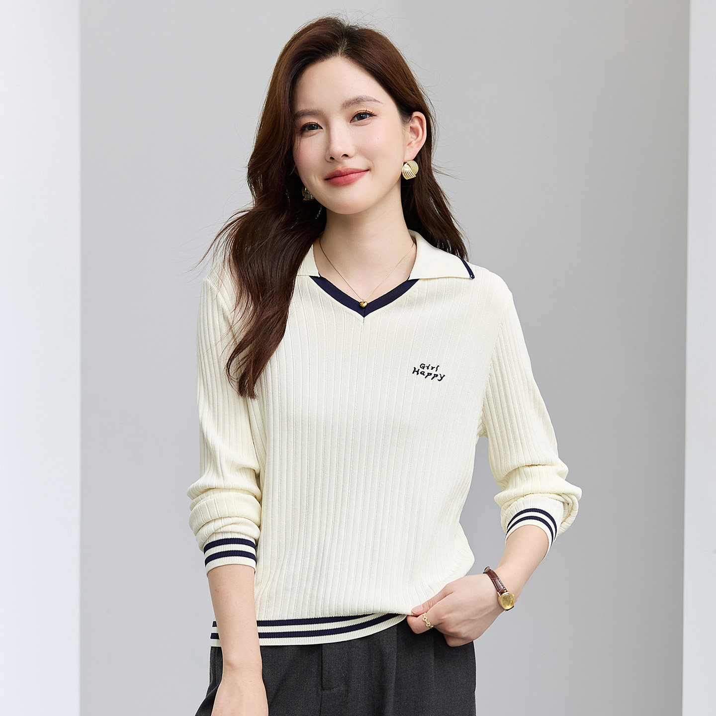 翻领针织衫女士毛衣2026新款春季女装洋气白色上衣薄款打底可外穿