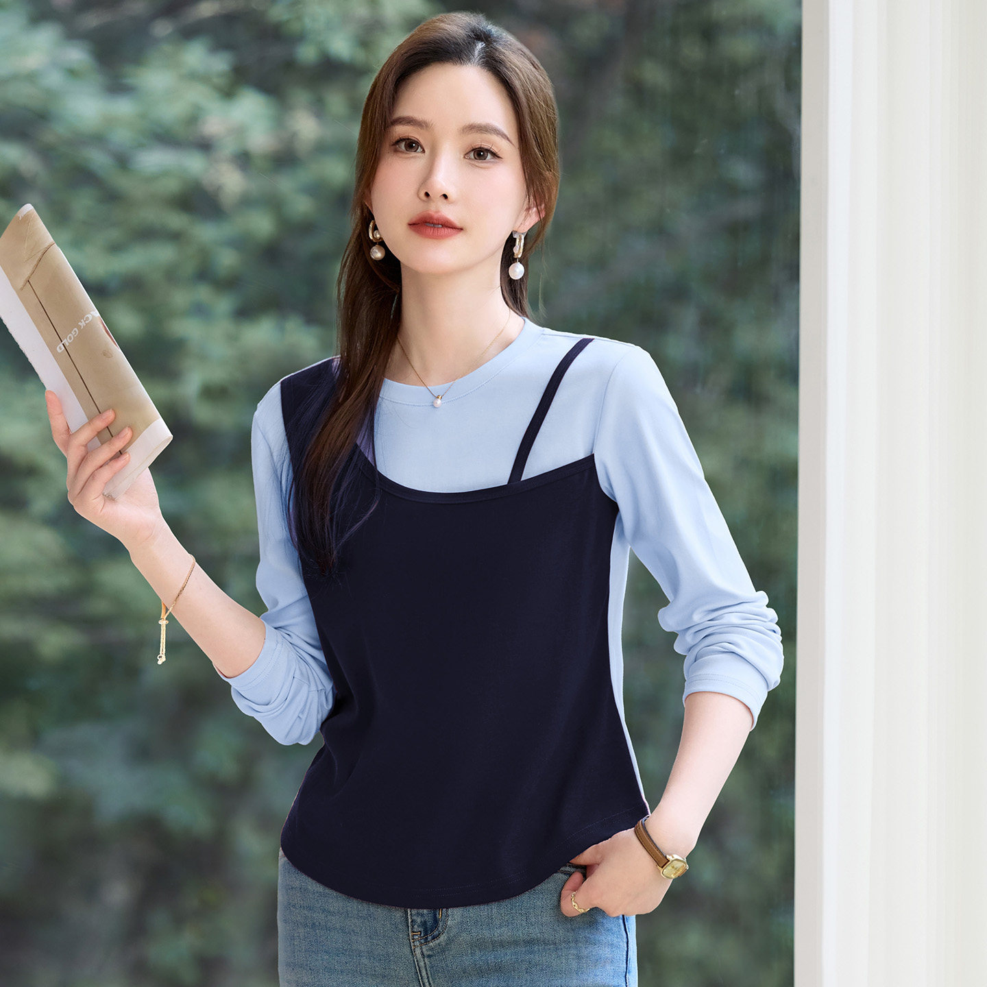 长袖t恤女春秋内搭可外穿打底衫2026新款高端时尚洋气假两件上衣