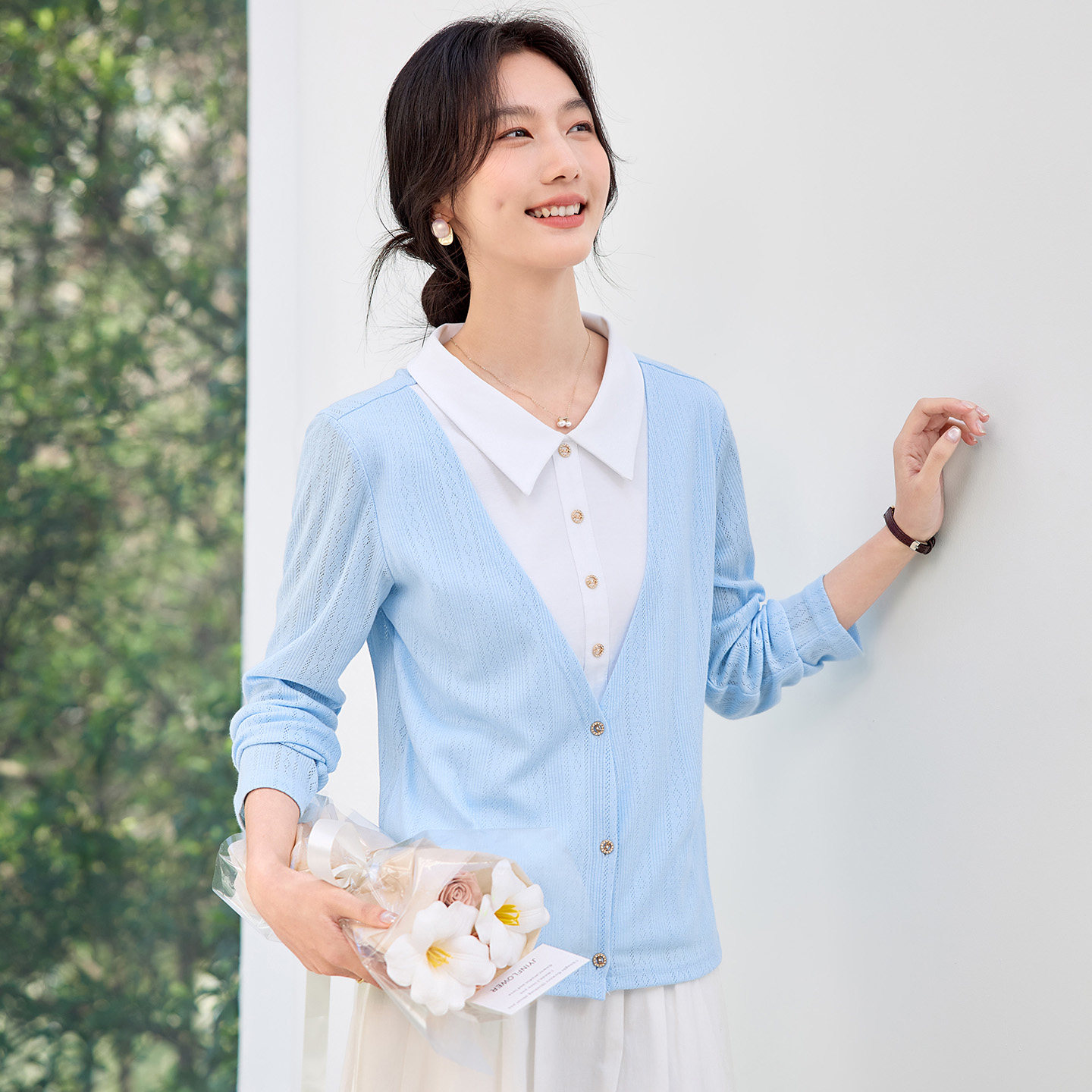 假两件翻领蓝色毛衣女士针织衫2026新款春秋高端女装气质外穿上衣