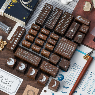 30枚月相星辉木质印章套盒万年历星期月份手账印章 跨境月相印章