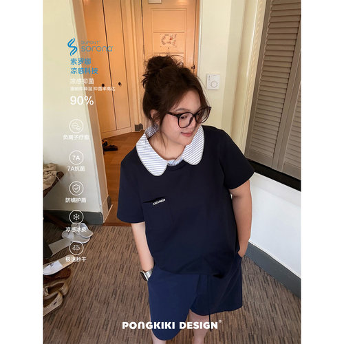 老章和小胖PONGKIKI高智少女假两件短袖Polo大码女娃娃领宽松上衣