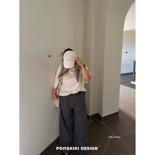 老章和小胖PONGKIKI大码女装莫兰迪紫格纹裤胖mm格子休闲裤子长裤