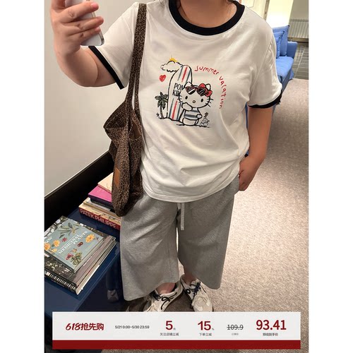 老章和小胖PONGKIKI冲浪小猫撞色T恤女印花圆领短袖女大码胖mm