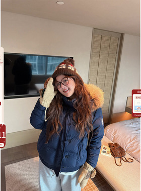 老章和小胖PONGKIKI真貉子毛菲奥娜美式羽绒服女大码宽松羽绒外套