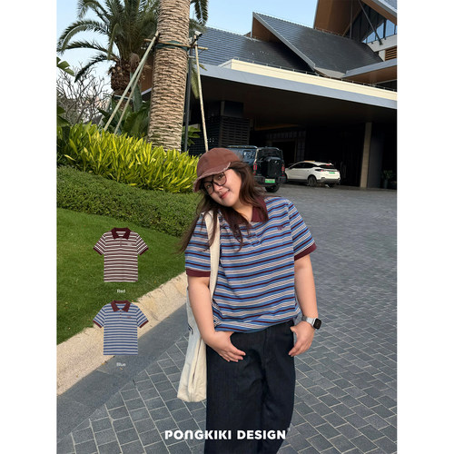 老章和小胖PONGKIKI大码女装品牌条纹Polo短袖T夏季胖mmT恤
