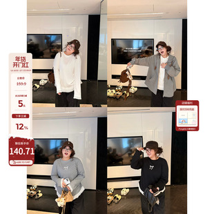 老章和小胖PONGKIKI心动蕾丝蝴蝶结T恤女大码胖mm宽松打底上衣秋