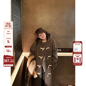 老章和小胖PONGKIKI学院风牛角扣连帽呢大衣大码 秋冬羊毛呢长外套