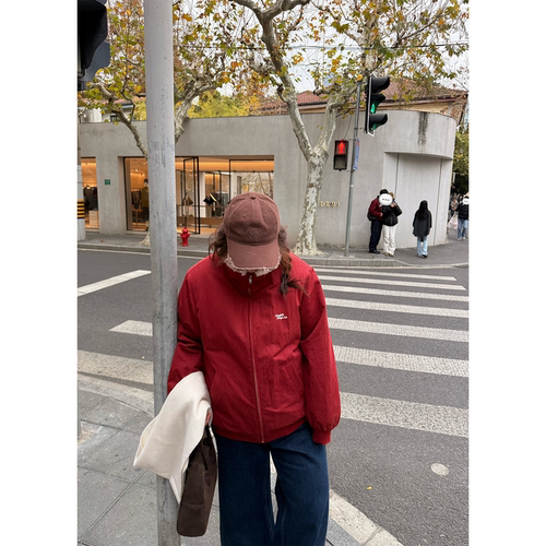 老章和小胖PONGKIKI元气复古红羊羔毛棉服外套女大码新年百搭棉衣