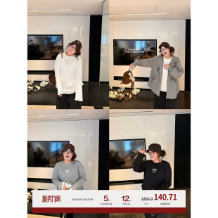 老章和小胖PONGKIKI心动蕾丝蝴蝶结T恤女大码 胖mm宽松打底上衣秋