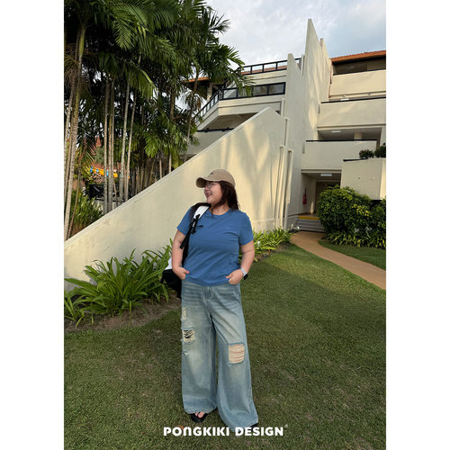 老章和小胖PONGKIKI大码女日搭伴侣正肩圆领T胖mm修身夏显瘦短袖
