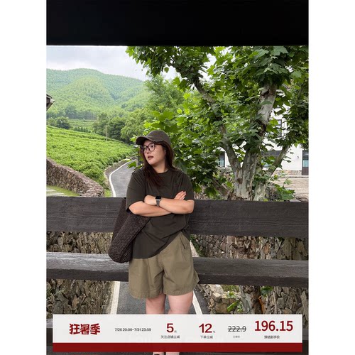 老章和小胖PONGKIKI野生卡其绿牛短!大码水洗胖m休闲热裤牛仔短裤