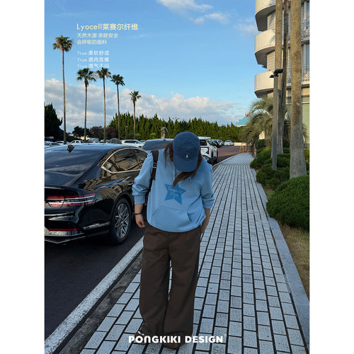 老章和小胖PONGKIKI莱赛尔香蕉裤大码胖mm可可棕高腰女弯刀休闲裤