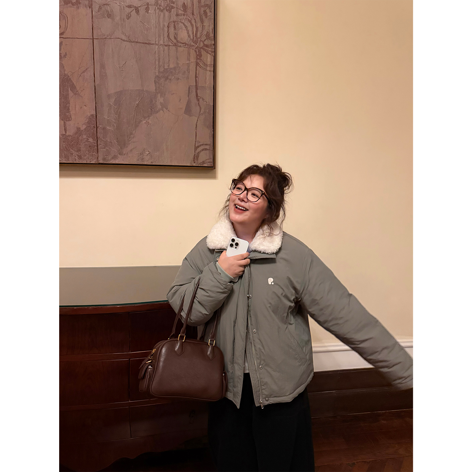 老章和小胖PONGKIKI巴斯克开心果拼接毛领羽绒外套女大码加厚夹克