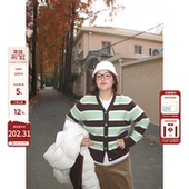 显瘦遮肉针织衫 老章和小胖PONGKIKI苹果奶咖条纹羊毛开衫 女大码 冬