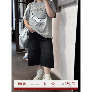 夏胖mm裤 短裤 子 女大码 老章和小胖PONGKIKI水洗做旧直筒七分牛仔裤