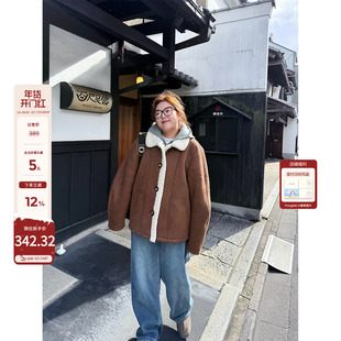 老章和小胖PONGKIKI露思麂皮外套女大码冬季连帽假两件羊羔毛夹克