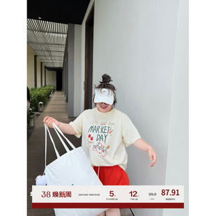 老章和小胖PONGKIKI复古集市印花T恤女大码夏季胖mm纯棉上衣体恤