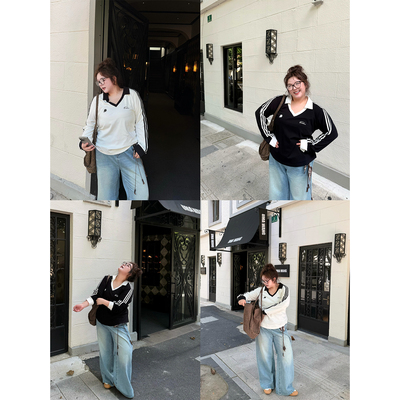 老章和小胖PONGKIKI美高v领长袖T2025新款正肩修身显瘦胖mm内搭