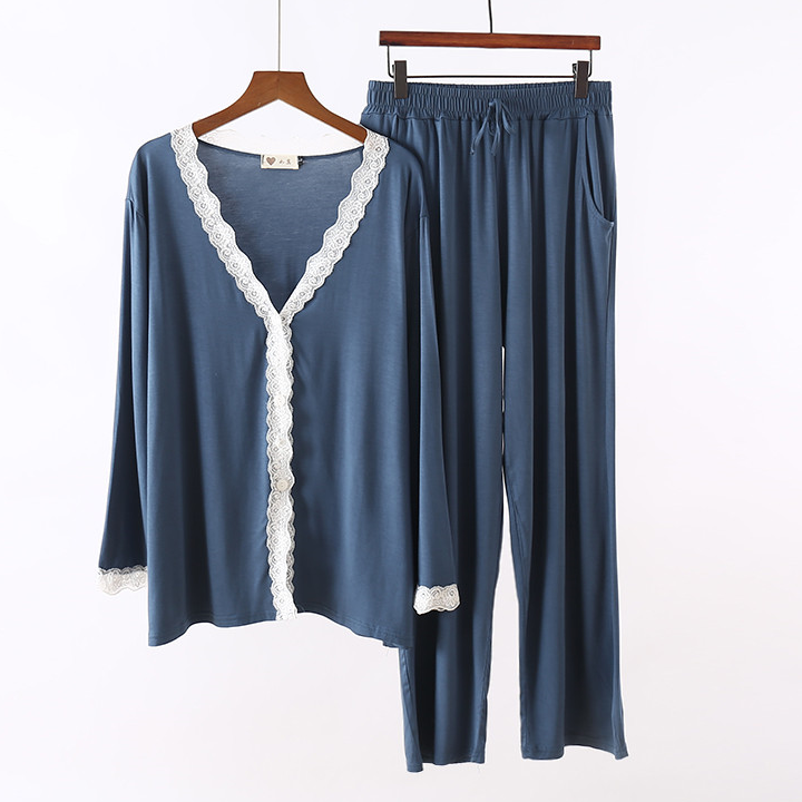 莫代尔睡衣女套装夏季可外穿空调服长袖开衫冰丝两件套春秋家居服