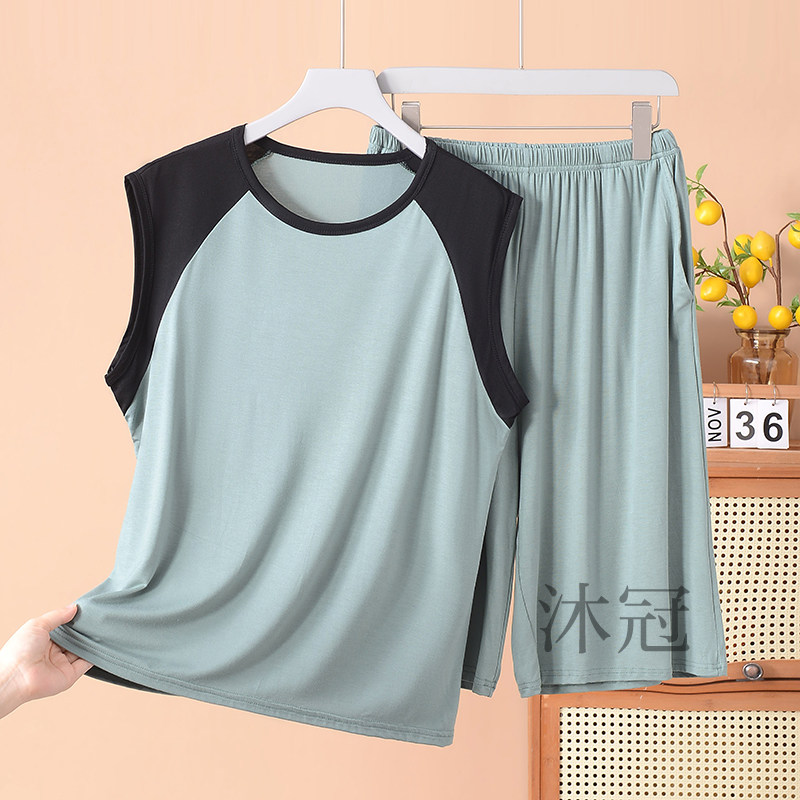 拼接背心短裤套装男夏季大码莫代尔宽松中老年爸爸运动家居服睡衣